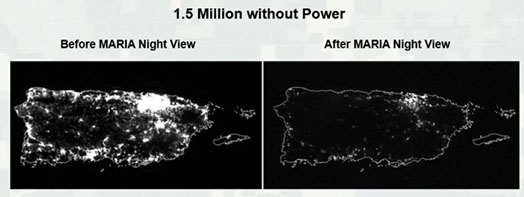 maps showing Puerto Rico at night before and after Hurricane Maria