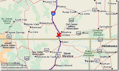 Map of the New Mexico-Colorado Border with the location of Trinidad Lake marked