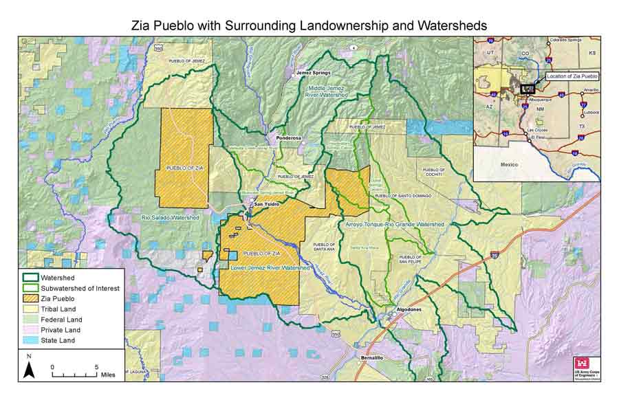 map of Zia Pueblo land ownership and watersheds