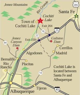 Map showing directions to Cochiti Lake, Jemez Canyon Dam and Galisteo Dam, all in NM