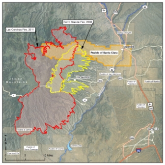 Map showing the burn scars of Cerro Grande Fire, Las Conchas Fire and Santa Clara Pueblo.