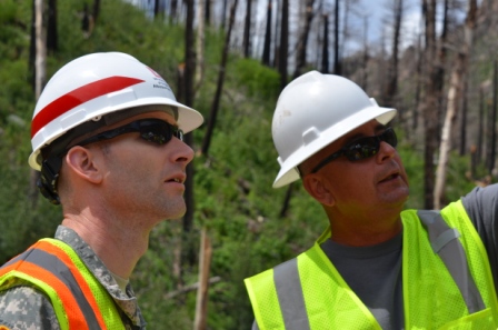Albuquerque District Commander Lt. Col. Patrick Dagon views the burned area at Santa Clara with Matt Tafoya, forestry director, Santa Clara Pueblo.