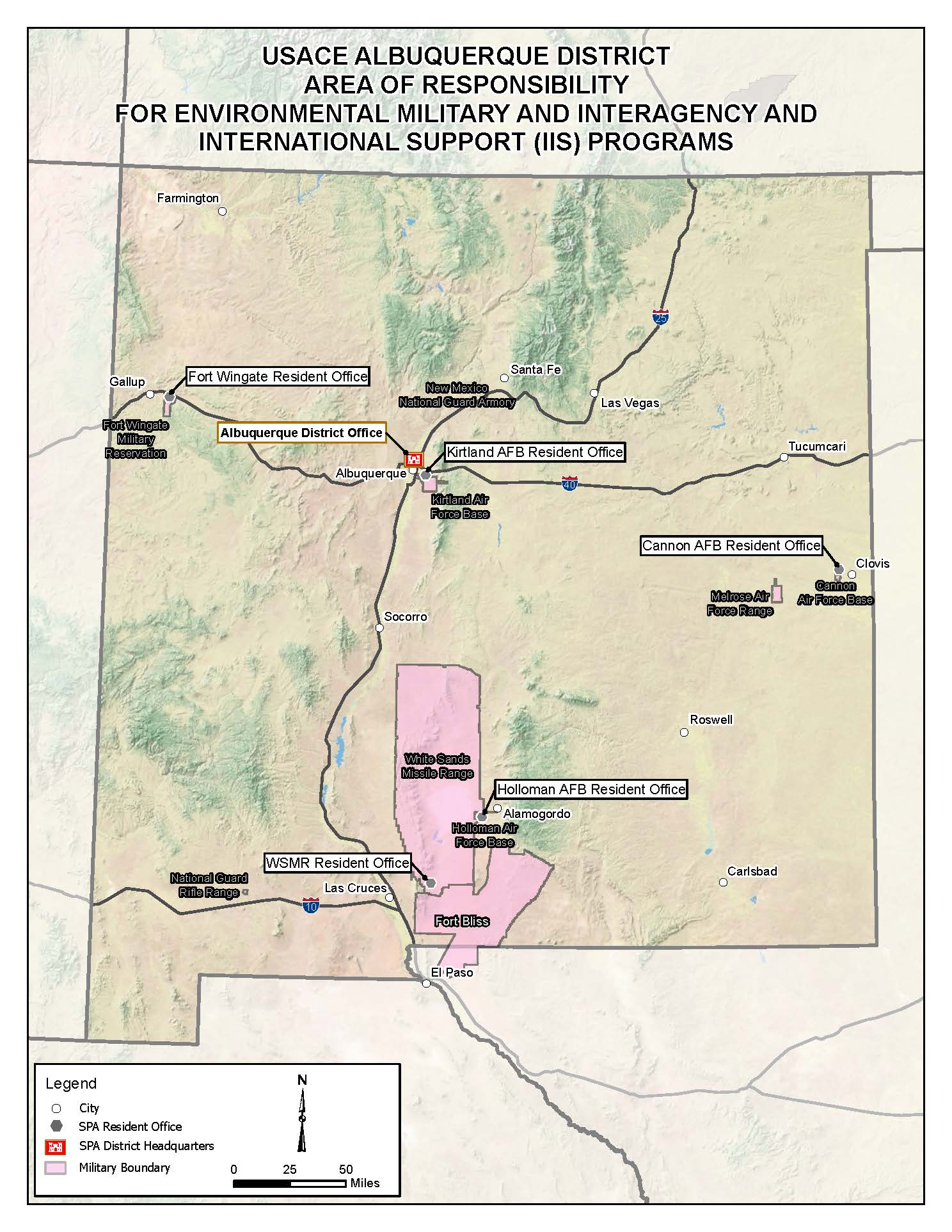 Map of the USACE-Albuquerque District Area of Responsibility for Environmental Military and Interagency and International Support (IIS) Programs