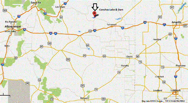 Map with location of Conchas Dam in relation to major roads/cities in eastern NM/western Texas