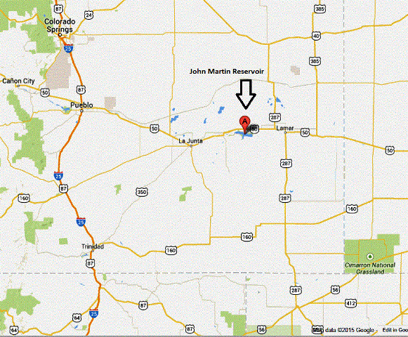 Map showing location of John Martin Reservoir in relation to major roads and cities in southeastern Colorado