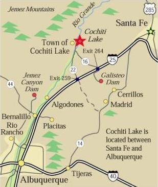 Map with directions to Cochiti Lake, Galisteo Dam and Jemez Canyon Dam, NM